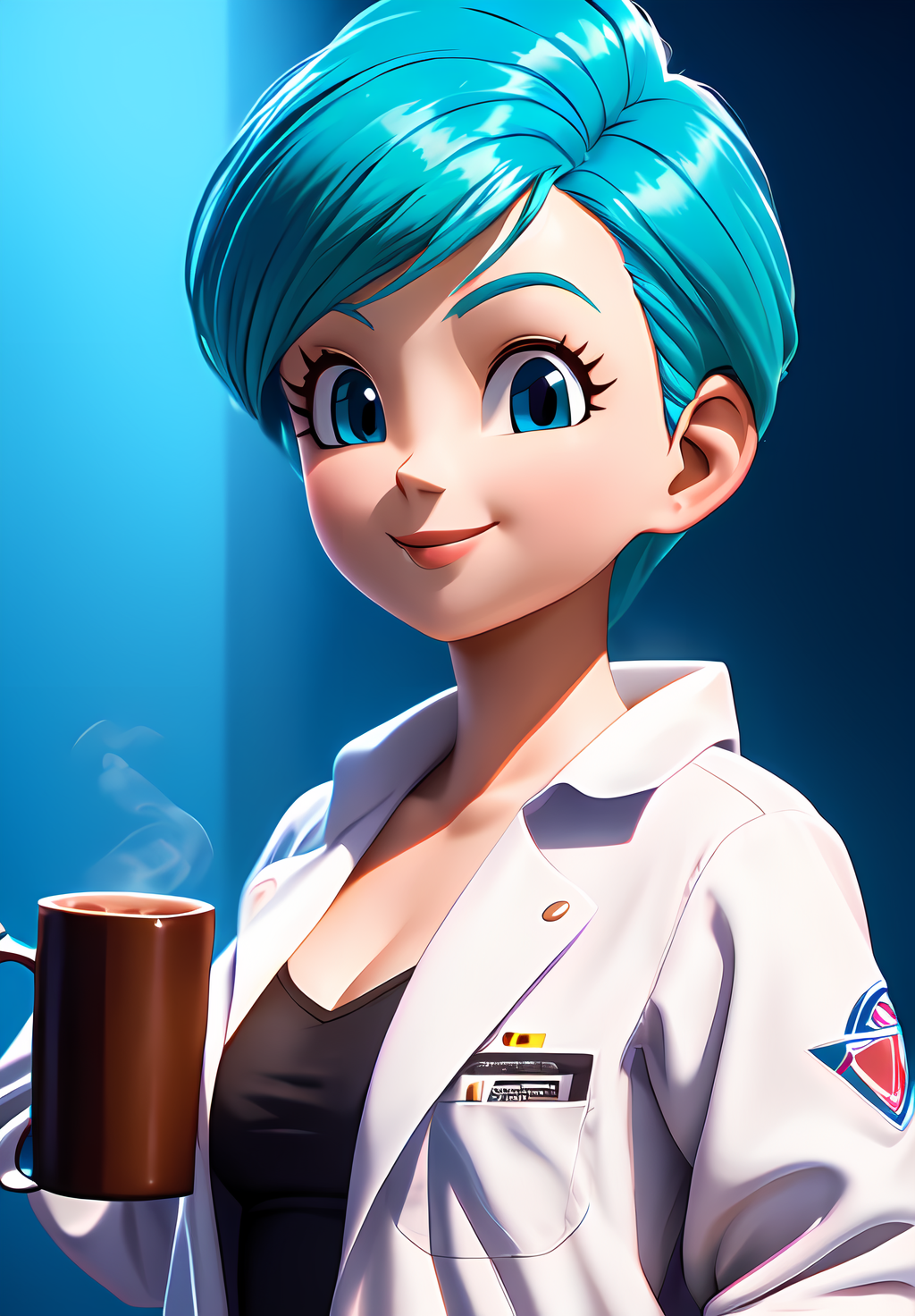 (Photo:1.3), highdetail, <lora:Bulma:0.8>, Bulma, 1girl, solo, labcoat, coffee mug, portrait, smile, (acclaimed, alluring, captivating, exciting, gorgeous, striking:1.3), (trending on artstation:1.3)