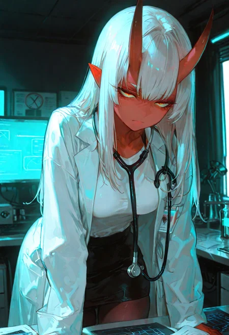 masterpiece, best quality, good quality, newest, highres, absurdres, volumetric lighting,gradient color,
BREAK
raytracing, volumetric lighting, ambient occlusion, girl,
BREAK
Aka-Oni, oni, colored skin, (red skin:1.3), straight horns, solo, long hair, model style,
evil eyes, evil, bullying, sinister,
BREAK
eyelashes,middle breasts , doctor, lab coat, white shirt, pantyhose, stethoscope, pencil skirt,