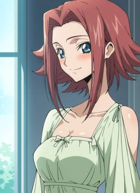 score_9, score_8_up, score_7_up, highly detailed, cdgs, beautiful Kallen, smile, blush, dress, narrow waist, red hair, blue eyes, rating_questionable, source_anime, BREAK best quality, masterpiece, e621, digital_art, <lora:Code_Geass_Style2:1.0>