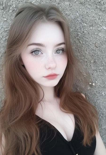 RSGRL, Russian female, Cute face, amateur, candid, , 1girl, solo, long hair, looking at viewer, breasts, realistic, brown hair, cleavage, upper body, lips, traditional media, closed mouth, grey eyes, eyelashes, lipstick, mascara, light freckles, 21-year-old