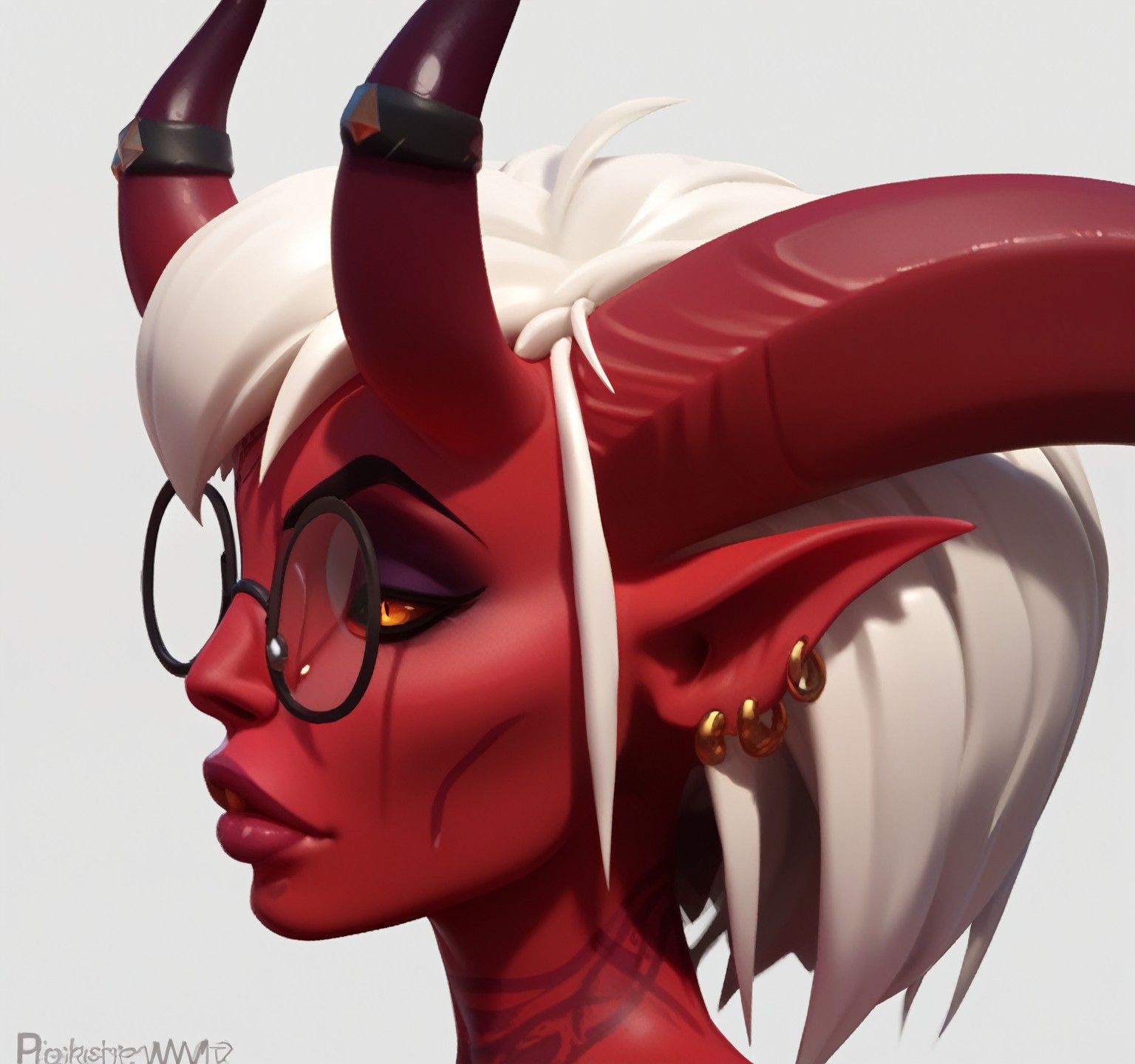 score_9, score_8, score_7, <lora:Literati_Demoness:0.95> <lora:Pony_DetailV2.0:1>, expressiveh,<lora:Expressive_H:1>, <lora:Lordstevie_style-10:1>, rating_explicit, l0rdstevie, literatidemoness, black-trimmed glasses, close-up, head shot, demon horns, white hair, short hair, lips, red skin curled horns,