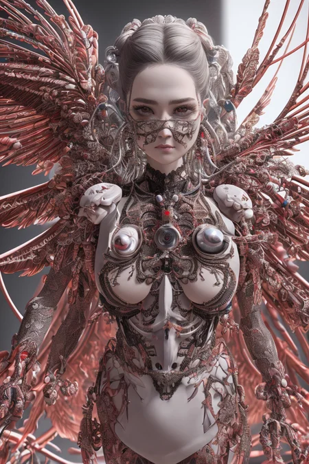 complex 3d render ultra detailed beautiful death angel, biomechanical cyborg, analog 150 mm lens, beautiful natural soft rim light, crystal feathers, roots, fine foliage lace, colorful details, Boris Bidjan Saberi outfit, pearl earrings, piercing, art nouveau fashion embroidered, intricate details, mesh wire, mandelbrot fractal, facial muscles, cable wires, microchip, badass, hyper realistic, ultra detailed, octane render, volumetric lighting, 8k post-production, red and white with a bit of black, detailled metalic bones, semi human, iridescent colors, Glenn Brown style, futuristic room, power of the god, high-angle shot, complex body poses