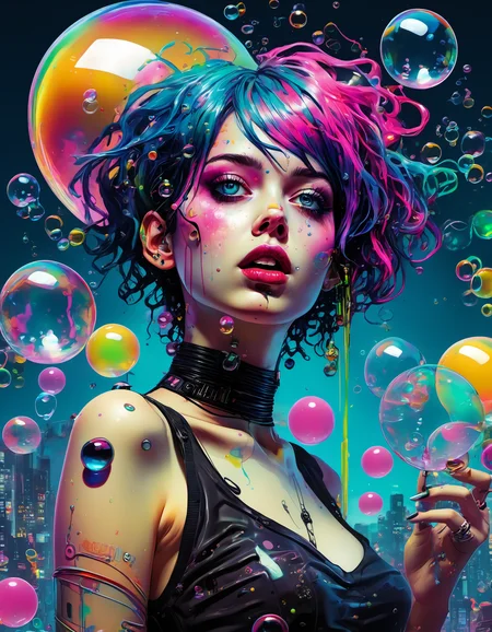 synthwave punk style, vaporwave style, synthwave, vaporwave colors, nvinkpunk, drunken beautiful woman as delirium from sandman, (hallucinating colorful soap bubbles), by jeremy mann, by sandra chevrier, by dave mckean and richard avedon and maciej kuciara, punk rock, tank girl, high detailed, 8k, outrun, neon outlines, illustrated, SplatterPunk, <lora:SplatterPunkAlphaLora:1>