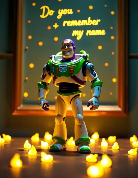 An ultra high resolution professional photo, beautiful cinematic masterpiece, Real life photo, hi resolution, 4k, 8k, man cosplaying Buzz Lightyear stands on of small plastic yellow glittering storm lightnings, writing above in a frame written by hand "Do you remember my name ?"