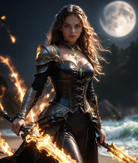 zPDXL3, EZNegPONYXL, EnhanceImage, dynamic action shot, tall and toned brunette woman wearing Midnight Enchantress, a black satin corset top, high-waisted leather pants, stiletto boots, and a velvet choker with a moon pendant, hkstyle, Magical glade with mystical creatures and glowing flowers, and a silver frame. the woman is standing in front of a dark background, giving the image an animated feel.,
dynamic action shot, character portrait for a fantasy setting, with a large circular design in the center. she is holding a sword in her right hand and has a determined expression on her face. the woman is wearing a black outfit with a high neckline and long sleeves, and her hair is styled in loose waves. the design is made up of various shapes and colors, including red, blue, green, yellow, and pink. the circles are arranged in a way that creates a chaotic and dynamic composition. around the design, there are several smaller circles of different sizes and colors that create a sense of depth and dimension. the overall effect is one of energy and movement, with the woman's body appearing to be in motion.
 <lora:Aesthetics_Enhancer_pony:0.21> <lora:PonyFantasyKnightsV3:0.751>