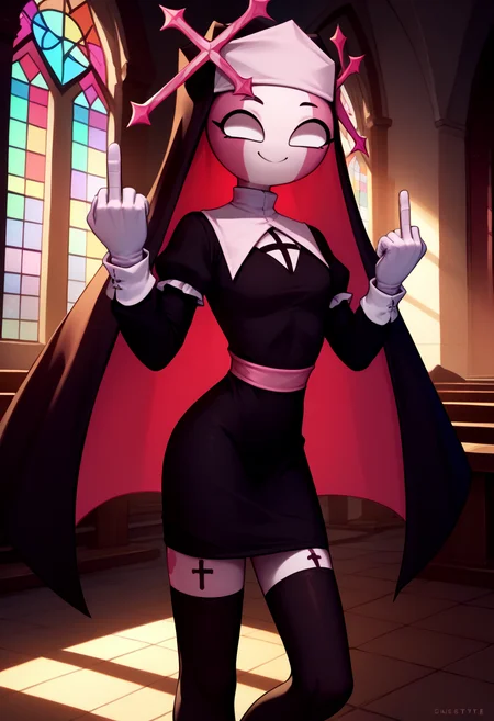 score_9, score_8_up, score_7_up, solo, 1girl, sarvente, colored skin, skinny, smug, looking at viewer, middle finger, habit, blank eyes, nun, black dress, long sleeves, white gloves, black thighhighs, indoors, church <lora:fnf_sarvente_ponyXL:1>