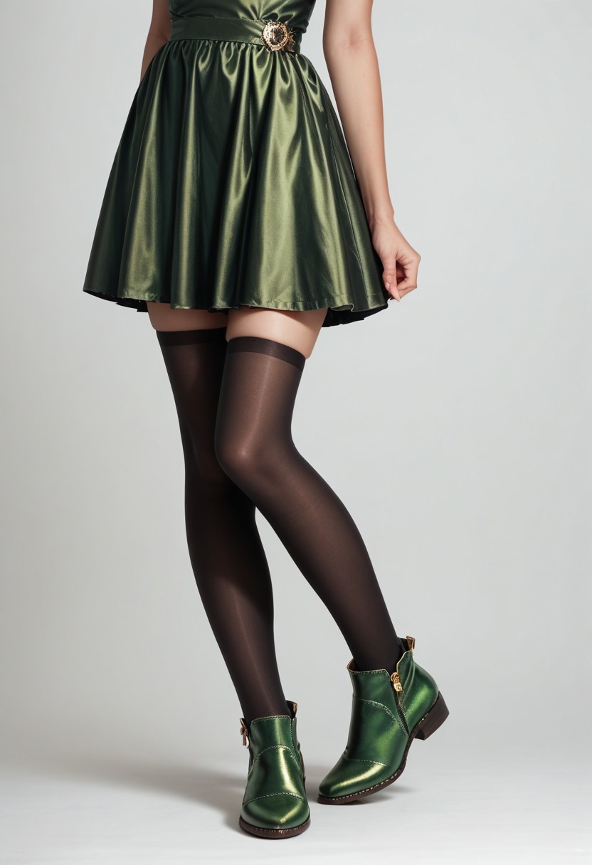 score_9, score_8_up, score_7_up, photorealistic, rating_safe,
lower body, green ankle booties, black thighhighs, green dress, perfect legs, simple background, fashion