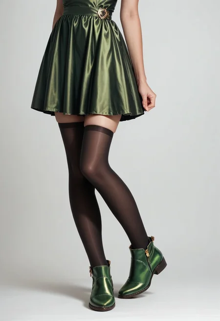 score_9, score_8_up, score_7_up, photorealistic, rating_safe,
lower body, green ankle booties, black thighhighs, green dress, perfect legs, simple background, fashion