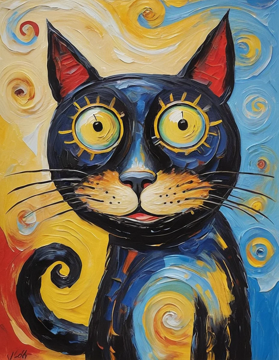 The image is a vibrant, abstract painting of a black cat with large, expressive eyes set against a swirling, colorful background featuring shades of yellow, blue, and red. The cat's fur is depicted with thick, expressive brushstrokes, giving it a painterly, artistic feel.