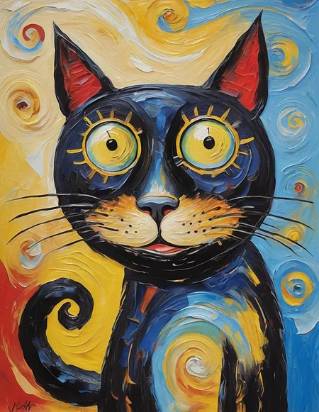 The image is a vibrant, abstract painting of a black cat with large, expressive eyes set against a swirling, colorful background featuring shades of yellow, blue, and red. The cat's fur is depicted with thick, expressive brushstrokes, giving it a painterly, artistic feel.