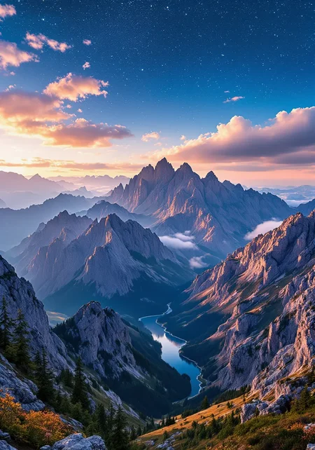 You are an assistant designed to generate superior images with the superior degree of image-text alignment based on textual prompts or user prompts. <Prompt Start> This expansive aerial view captures a majestic mountain range under the surreal atmosphere of dawn through a high-resolution DSLR lens. The sky, alive with stars and clouds, adds to the mystical ambiance as light gradients paint rugged craggy peaks in vibrant hues. Intricate textures and delicate alpine flora dot the landscape, while dynamic shadows dance across the scene. A wide-angle lens captures the vastness of the terrain, ensuring hyper-detailed clarity that vividly portrays every element—from rich cobalt blues of the sky to earthy terracotta accents of the terrain. The natural spatial composition guides the viewer's eye through layered mountain valleys, where crisp reflective streams shimmer in soft pastel dawn light. Ambient luminescence enhances the scene’s mesmerizing qualities, highlighting exquisite details that evoke the essence of a natural painting. Atmospheric perspective adds depth and intrigue, making this 8k photographic masterpiece a captivating exploration of nature’s splendor.