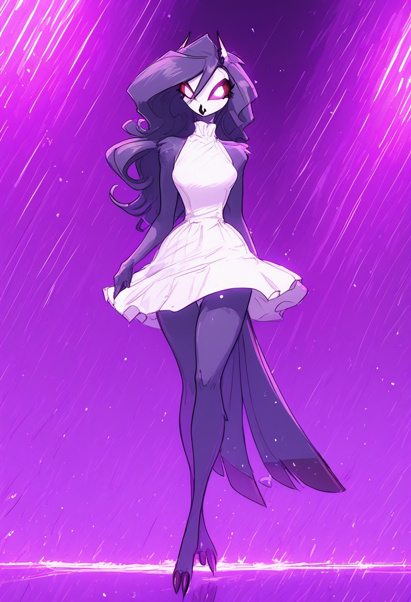 score_9, score_8_up, score_7_up, score_6_up, 1girl, solo, octavia, octavia, avian bird demon owl owl_demon, beak, red sclera, from hellova boss, anthro furry, long hair, nightclub outfit, tight white dress, perfect face, perfecteyes, sexy, sexy girl, beautiful eyes,  dancing, dynamic angle, full body shot, red eyes, glowing eyes, pop star, , neon lights, glowing lights, jjco
