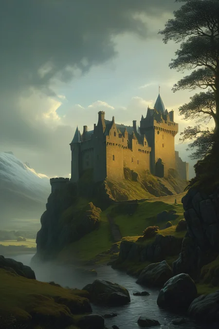 fantasy atmosphere, (a smal Scottish stone keep in the Scottish Highlands), (13th Century:1.5), epic sky, dramatic atmosphere, dream scenery art, beautiful oil painting, masterpiece, highres, <lora:add-detail-xl:1> <lora:Aros_Castle_Style:0.7>