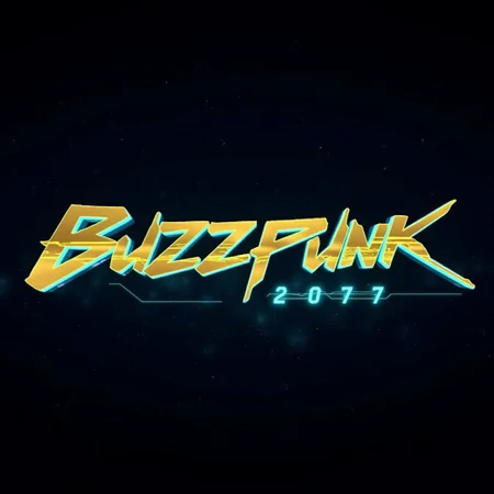 Cyberpunk typeface golden text "Buzzpunk" with cyan afterglow, A dark night sky in the background