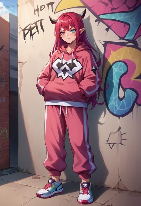 score_9, score_8_up, source_anime, 1girl, solo, IrysHolo, horns, heterochromia, purple eye, blue eye, long hair, urban and street style, graffiti-inspired colors, cool and edgy attire, sweatpants, hoodie, stylish sneakers, fashionable accessories, hip hop jewelry, confident expression, graffiti walls, energetic and vibrant atmosphere, <lora:CHAR-IrysPonyXL:1>