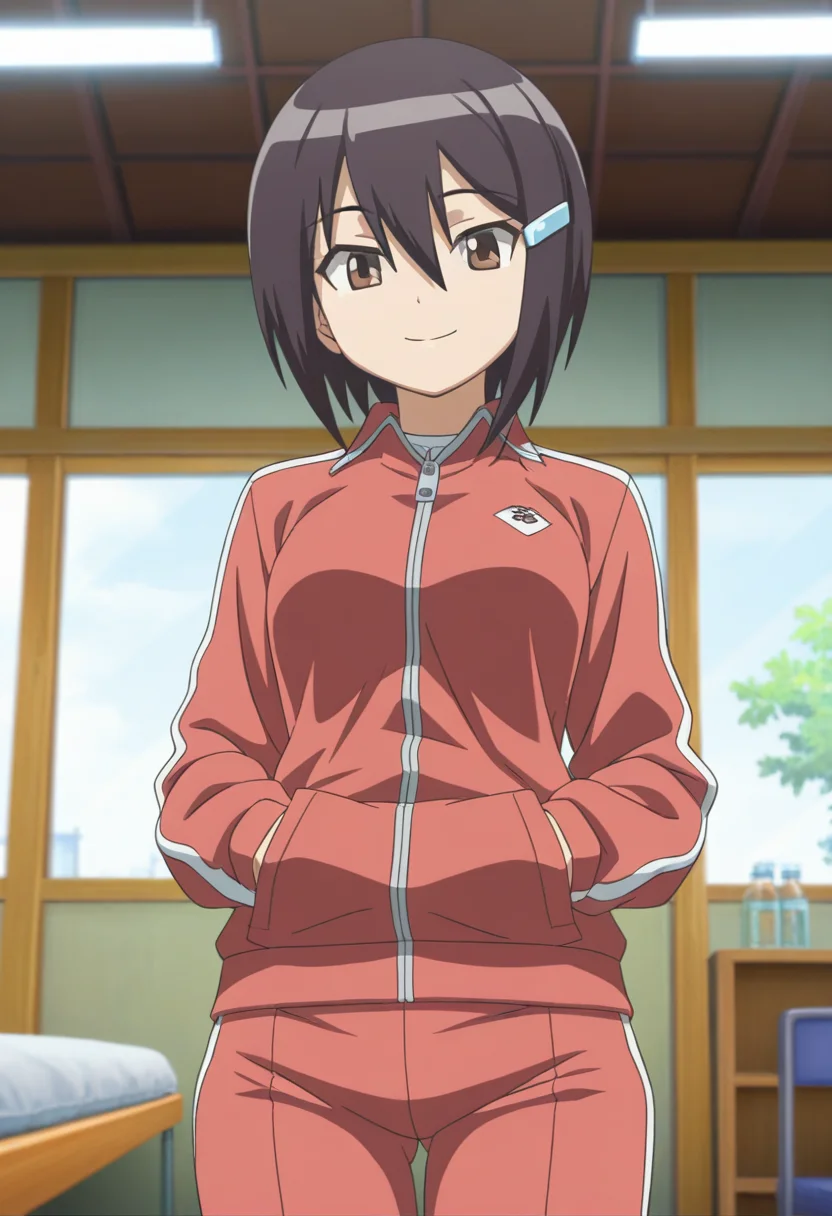 masterpiece, best quality, amazing quality, 1girl, solo, cowboy shot, mawariww, brown eyes, black hair, short hair, hair between eyes, hairclip, track jacket, track pants, looking at viewer, smile, indoors, day, skindentation, detailed clothing folds, depth of field, sharp, high contrast, dynamic light <lora:Zenigata_Mawari_Seto_no_Hanayome_ill_v20:0.9>