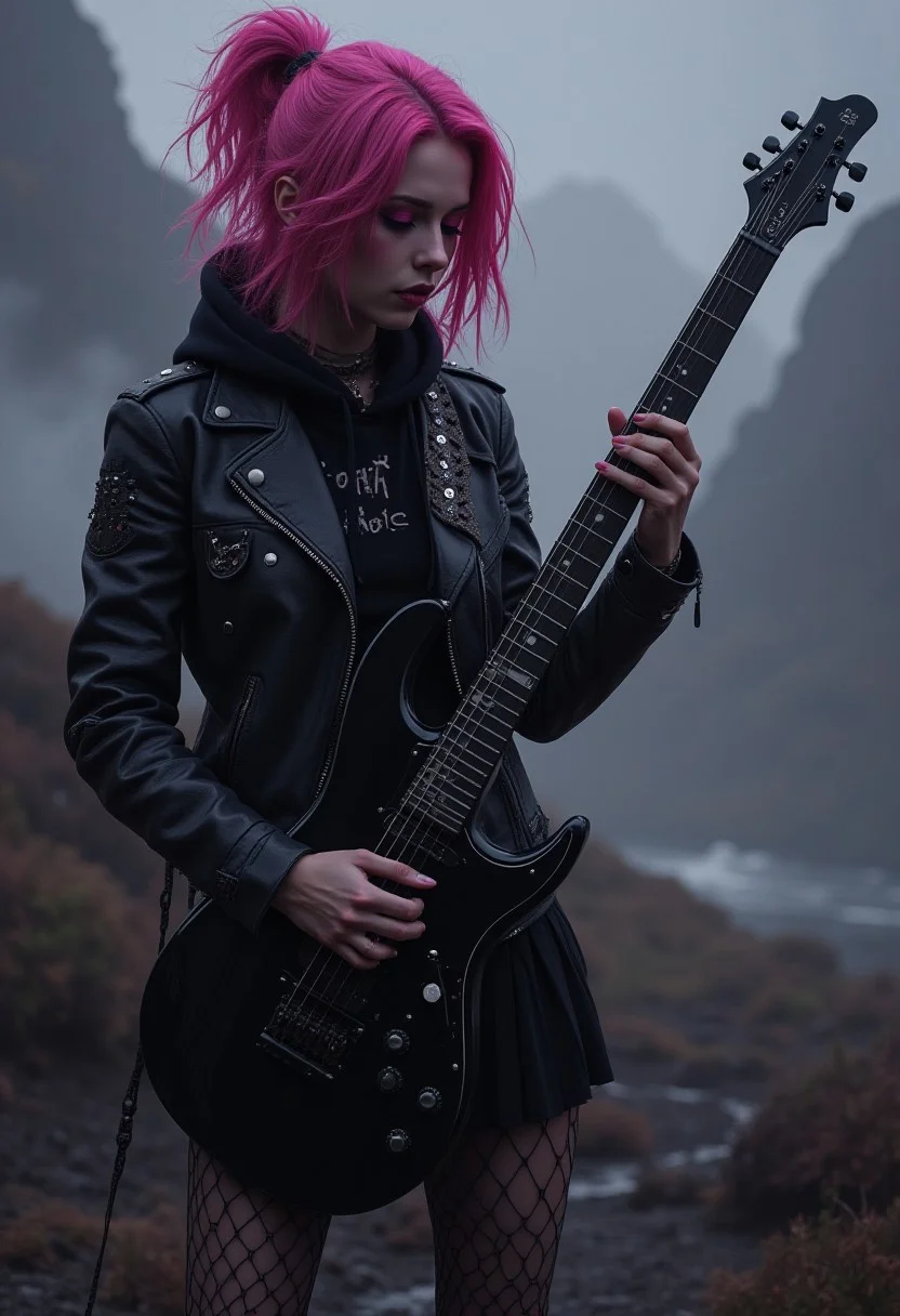 Cinematic style, Hyper-realistic, Photorealistic, Dramatic Chiaroscuro, Ethereal Beauty, High Definition,
Goth punk girl with vibrant pink hair and piercing pink eyes, accentuated by bold, smudged eyeliner, wearing a ripped hoodie, studded leather jacket, and pleated miniskirt paired with fishnet thigh highs, passionately shredding on a sleek black guitar against a dark, gradient canvas, blending Guillem H. Pongiluppi's atmospheric depth, Abigail Larson's mysterious gothic flair, and John Sloane's intricate textures, amidst an energy-charged scene in a palette of soft pink and misty gray, with ominous, mist-shrouded landscapes looming in the background,