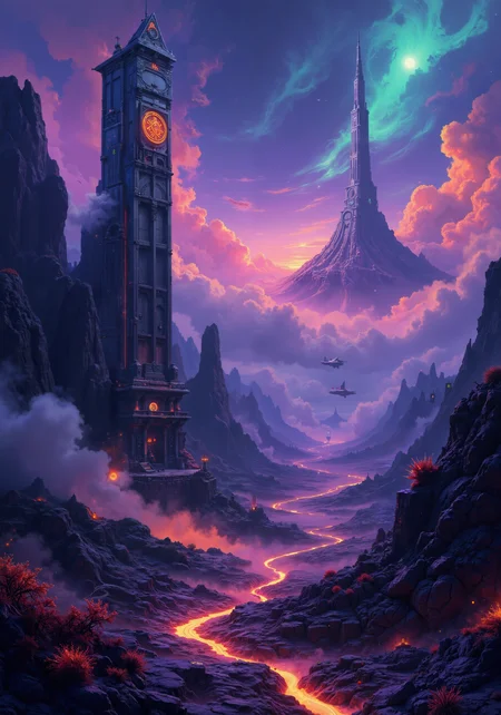 A hyper-detailed digital art scene of a sprawling volcanic plateau under a swirling twilight sky, rendered in a steampunk oil painting style. The rugged, ancient basalt ridges shimmer with iridescent purples, deep oranges, and electric greens as neon, bioluminescent shrubs punctuate the terrain. Floating, geometric mechanical constructs hover above intricately carved monoliths, their mysterious symbols glowing softly against the surreal backdrop. Ethereal fog and billowing, drifting dust create a dramatic ambiance, while dynamic illumination and soft ambient light enhance the masterpiece quality in 8k resolution. The fusion of natural volcanic landscapes with futuristic mechanical aesthetics exudes a dreamlike, otherworldly atmosphere, filled with a sense of ancient mystery and innovative charm. <lora:DND_GRAINYBOYZ_FG_FLUX_V2_ROMULUS_Lora:0.2> <lora:VividMidjourneymimic-Flux_v1.0:0.2> <lora:bm-goth_epoch_1:0.3> <lora:It's a LoRA for portraits, BUT! actually specialized in backgrounds. v1.0:0.3> <lora:Fluxartis 28.11A:0.7> <lora:flux_dev:1>