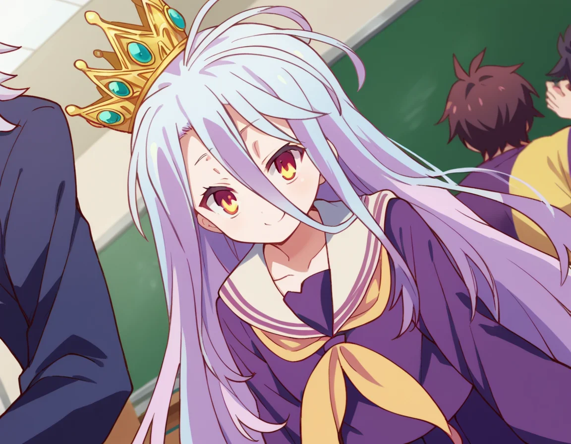 score_9, score_8_up, score_7_up, source_anime,
ngnlshiro, <lora:ngnl-shiro-s1-ponyxl-lora-nochekaiser:1>
shiro, long hair, hair between eyes, very long hair, white hair, messy hair, yellow eyes,
crown, shirt, long sleeves, school uniform, serafuku, sailor collar, neckerchief, white sailor collar, yellow neckerchief,
indoors, classroom, bent over, smile,
looking at viewer, dutch angle, cowboy shot