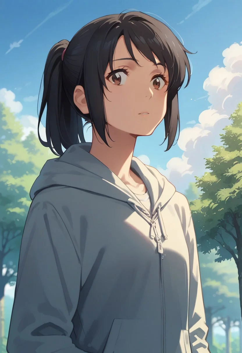 score_9, score_8_up, score_7_up, source_anime,mitsuha miyamizu,1girl, solo, black hair, brown eyes, ponytail, outdoors, sky, day, cloud, hood, tree, hoodie