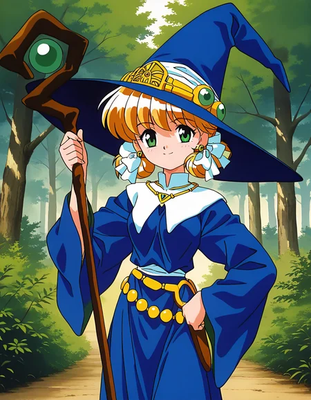 general,highres, ultra-detailed,very aesthetic,best quality ,best hands, BREAK <lora:Mahou_Shoujo_Meruru_IS:1>
Meruru, 1girl,solo, green eyes, witch hat, blonde hair, twintails, short hair, green jewelry, earrings,
breasts, witch, BREAK,
smile,looking at viewer, cowboy_Shot, BREAK,
robe, blue dress, staff, white ribbon, necklace, blue headwear, hair ribbon, hair bow,
1990s \(style\),anime coloring,
forest, tree,