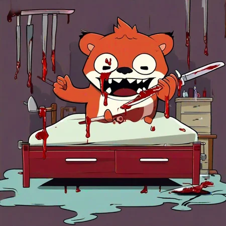 Big Bigger Spike Red panda monster holding Two Knife jump on Bed on Hospital Room, ((futurama style)), blood, dripping, dripping blood