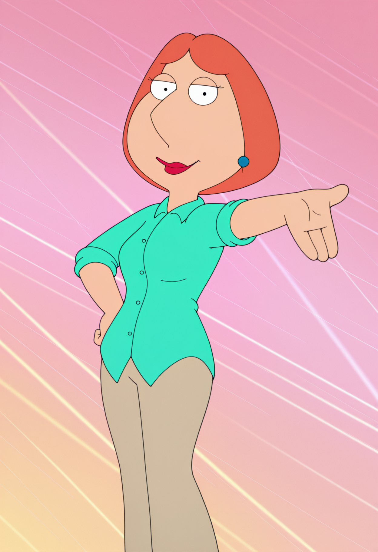 masterpiece, best quality, amazing quality, lo1sgf, 1girl, orange hair, blue earrings, aqua shirt, beige pants, pointing down, outstretched arm, hand on hip, smile, looking at viewer, colorful pink background, light rays,