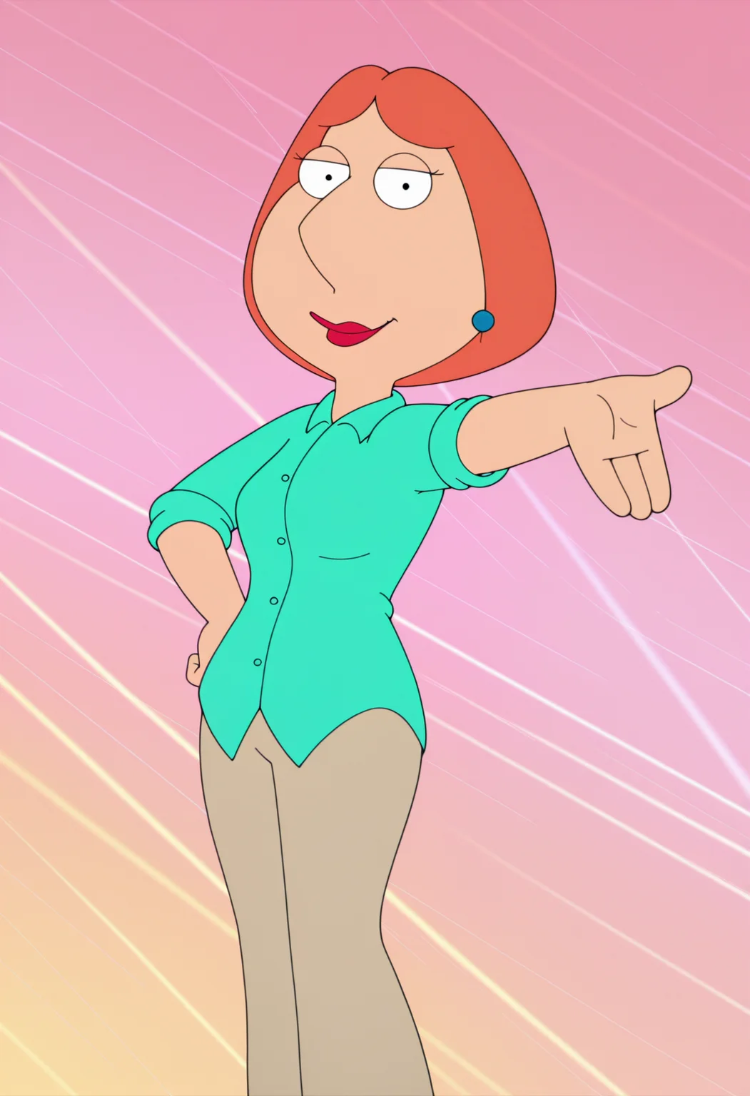 masterpiece, best quality, amazing quality, lo1sgf, 1girl, orange hair, blue earrings, aqua shirt, beige pants, pointing down, outstretched arm, hand on hip, smile, looking at viewer, colorful pink background, light rays,