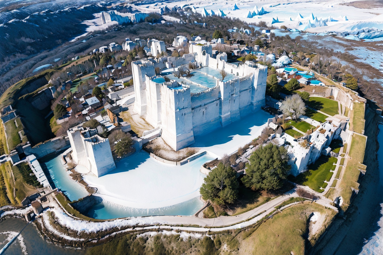 (masterpiece, best quality:1.2), ultra-detailed, Castle (blue ice glacier landscape:1.3), (white trees and grass with snow:1.3), (realistic:1.5),  <lora:EdobMedievalCastleTopView_v1.0:1>