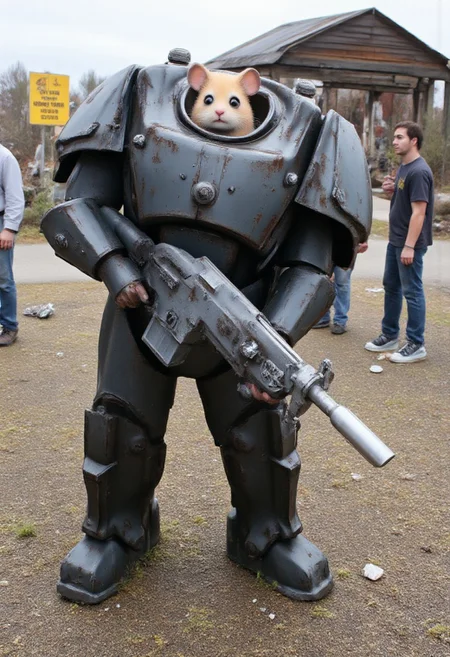 Hamtaro wearing full Fallout power armor, no helmet. He is holding a massive, oversized laser rifle. The background is a post-apocalyptic wasteland, radiation signs, and raiders.