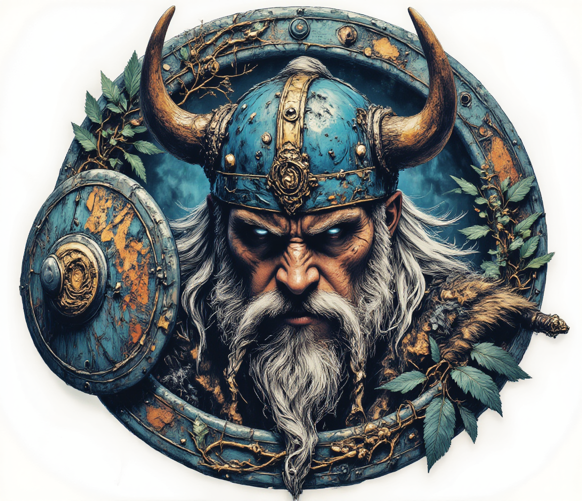professional 3d model line art drawing <lora:ck-shadow-circuit:1> <lora:lora-Váhlgard_:1>Dirty paint..This image is a highly detailed digital drawing in a realistic style, depicting a fierce Viking warrior. The central focus is the warrior's face, which is adorned with a thick, flowing white beard and mustache, and a stern, intense expression. His eyes are piercing and blue, adding to the sense of determination and strength. He wears a blue and gold Viking helmet, adorned with intricate, swirling patterns and two large, golden horns. The background is a circular, ornate design featuring various plants and vines in shades of blue, green, and brown, giving it a rich, organic feel. The warrior's face is surrounded by two large, circular objects: one on the left and one on the right. The object on the left appears to be a shield with a golden emblem, while the object on the right is a sword, also with a golden handle. Both objects are intricately detailed, with the sword's blade appearing sharp and menacing. The image is framed with a white background, which makes the detailed, vibrant colors of the drawing stand out. The overall composition is symmetrical and balanced, with the warrior's face and the surrounding elements working together to create a powerful and dramatic visual. art by Mike Mignola . professional, sleek, modern, minimalist, graphic, line art, vector graphics . octane render, highly detailed, volumetric, dramatic lighting