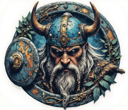 professional 3d model line art drawing <lora:ck-shadow-circuit:1> <lora:lora-Váhlgard_:1>Dirty paint..This image is a highly detailed digital drawing in a realistic style, depicting a fierce Viking warrior. The central focus is the warrior's face, which is adorned with a thick, flowing white beard and mustache, and a stern, intense expression. His eyes are piercing and blue, adding to the sense of determination and strength. He wears a blue and gold Viking helmet, adorned with intricate, swirling patterns and two large, golden horns. The background is a circular, ornate design featuring various plants and vines in shades of blue, green, and brown, giving it a rich, organic feel. The warrior's face is surrounded by two large, circular objects: one on the left and one on the right. The object on the left appears to be a shield with a golden emblem, while the object on the right is a sword, also with a golden handle. Both objects are intricately detailed, with the sword's blade appearing sharp and menacing. The image is framed with a white background, which makes the detailed, vibrant colors of the drawing stand out. The overall composition is symmetrical and balanced, with the warrior's face and the surrounding elements working together to create a powerful and dramatic visual. art by Mike Mignola . professional, sleek, modern, minimalist, graphic, line art, vector graphics . octane render, highly detailed, volumetric, dramatic lighting