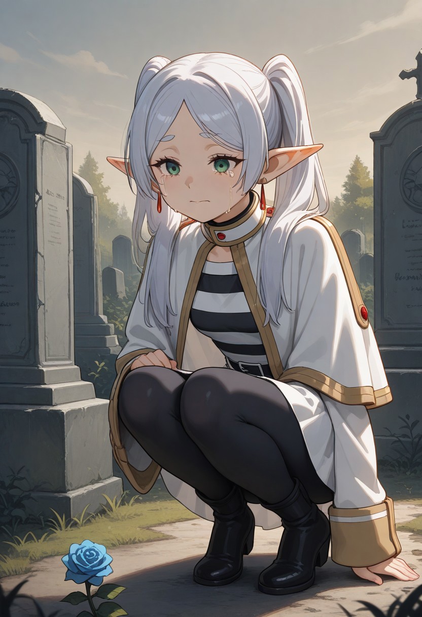 masterpiece, by piaki,  best quality, very detailed, 
1 girl, Frieren \(Sosou no frieren\), white hair, twintails hair, green eyes, small breasts, fully clothed,
Squatting, crying, putting a blue rose on a grave,
Outdoor, graveyard, 
Gravestone, picture on gravestone, 
Himmel \(Sosou no frieren\),