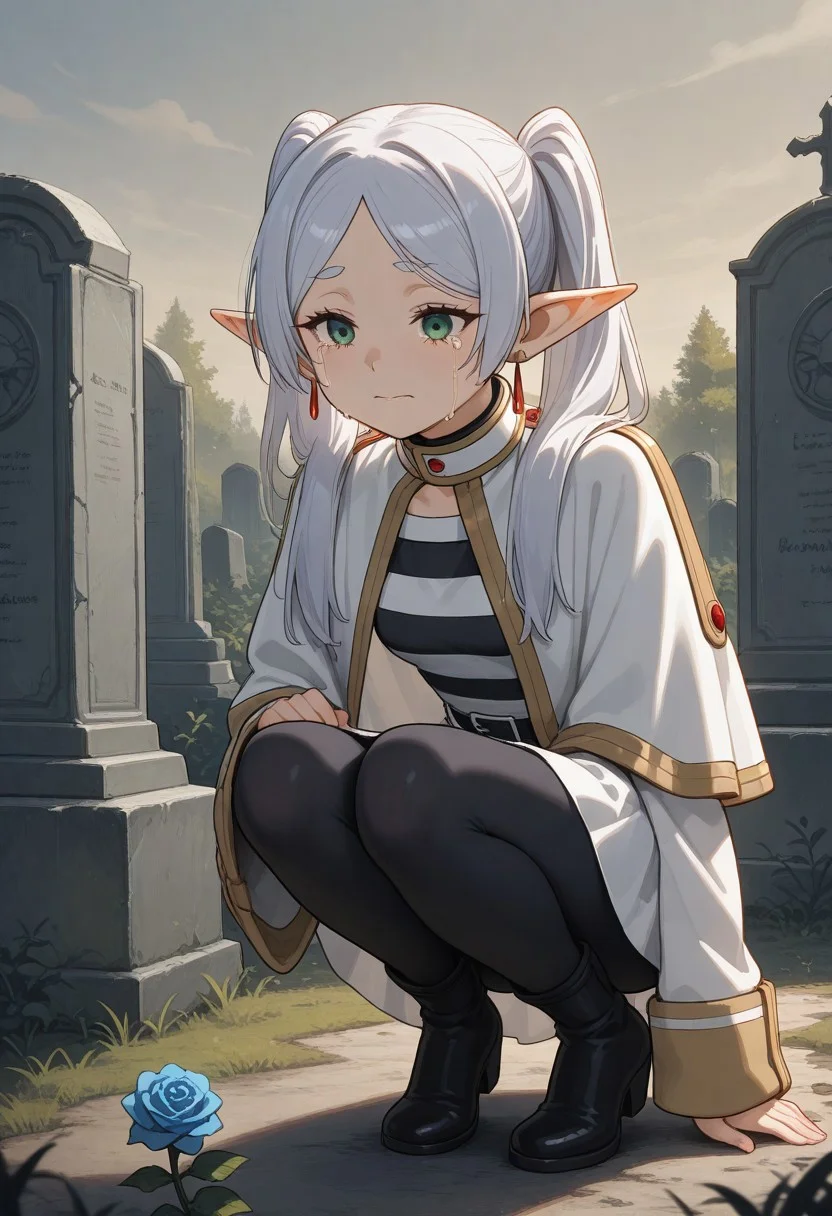 masterpiece, by piaki,  best quality, very detailed, 
1 girl, Frieren \(Sosou no frieren\), white hair, twintails hair, green eyes, small breasts, fully clothed,
Squatting, crying, putting a blue rose on a grave,
Outdoor, graveyard, 
Gravestone, picture on gravestone, 
Himmel \(Sosou no frieren\),