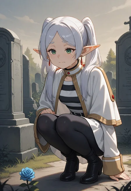 masterpiece, by piaki,  best quality, very detailed, 
1 girl, Frieren \(Sosou no frieren\), white hair, twintails hair, green eyes, small breasts, fully clothed,
Squatting, crying, putting a blue rose on a grave,
Outdoor, graveyard, 
Gravestone, picture on gravestone, 
Himmel \(Sosou no frieren\),