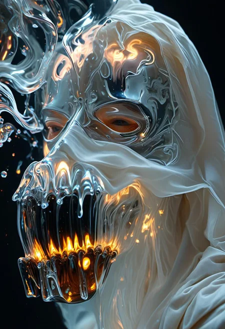 highly detailed, intricate design, darkroom, artist studio, figure in black hooded robes, ((moire pattern), white shroud), mask, mesh, low angle, medium shot, fluted glass, glass blowing,  molted glass, lava texture, sand particles, multiple exposure, (reflection, upside down, multiple exposure, geometrica  alchemy, vril , le parc, alchemy, did vaporwave style), chiaroscuro lighting, dynamic angle, ,chemigram,, flux-style, light and shadow by reij-shdwgms
