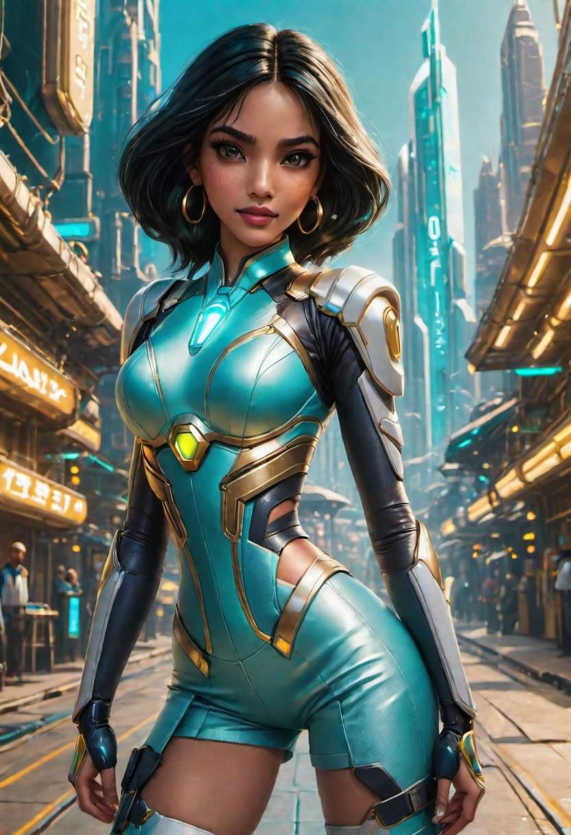 (masterpiece), 
1girl,
Jasmine, 
OverallDetail,
powered futuristic outfit,
powered futuristic necklace,
golden light energy,
cyberpunk city background,