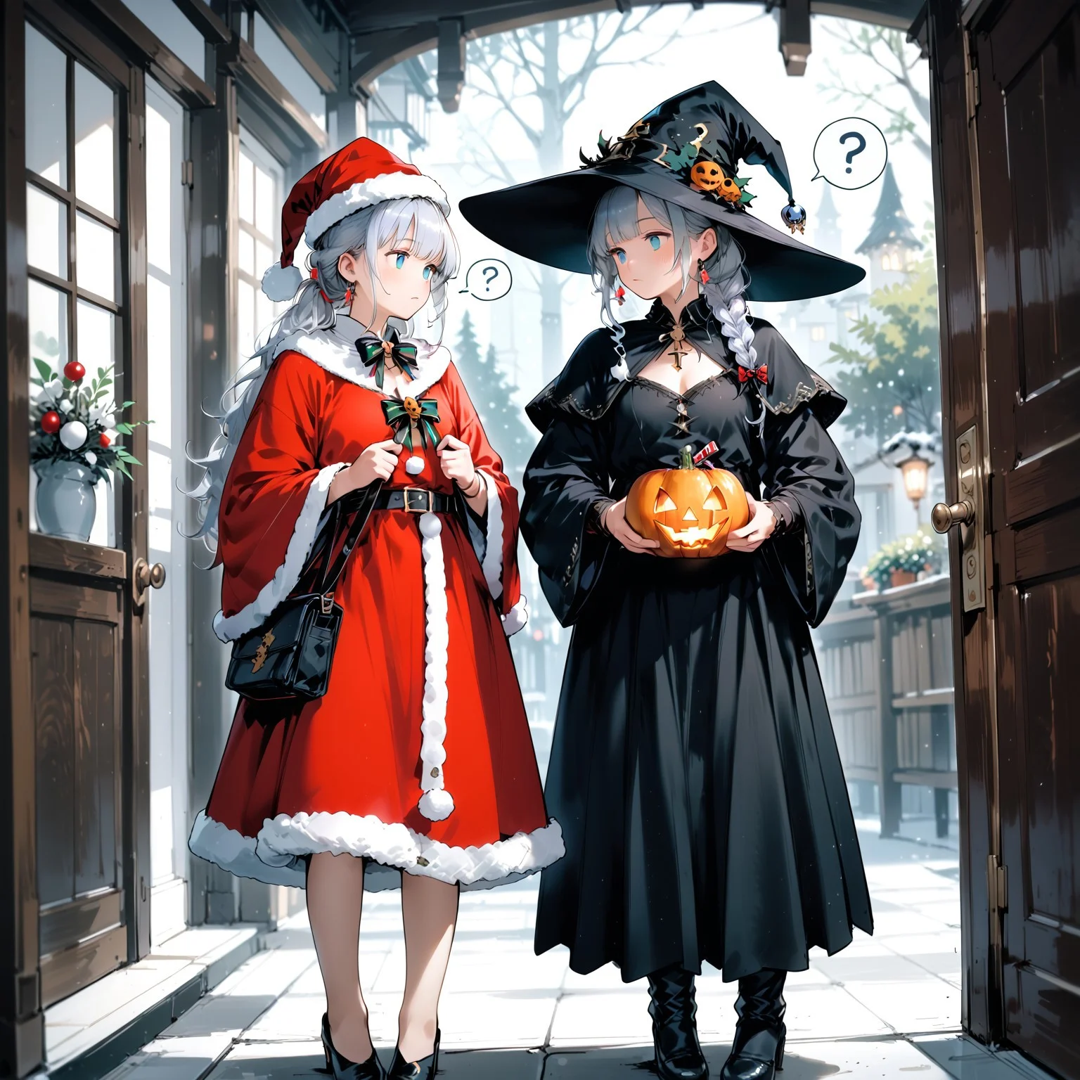 score_9, score_8_up, score_7_up, extremely high resolution, extremely detailed, 4k, source_anime, (((2girls))),looking at each other, girla and girlb, (ultra HD quality details), anime, BREAK, girla, on the left, (black witch costume), (black witch hat), confused, tilted head, question mark, BREAK, 
girlb, on the right, santa claus costume, confused, BREAK, (detailed image, high resolution, 5k resolution:1.0), trick or treat, veranda, at the door, holding bags, halloween aesthetics, halloween decorations, evening