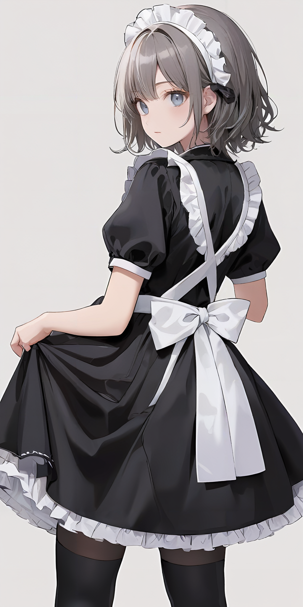 masterpiece,ultra-detailed,best quality,8K,illustration,ultra detailed face,cute face,clean skin ,shiny hair,girl,ultra-detailed-eyes, simple background,<lora:add-detail-xl:1>,cowboy shot, 
 <lora:maid_XL_V1.0:0.7> jyojifuku, frills, apron,thigghhighs,shoes,black dress,from behind