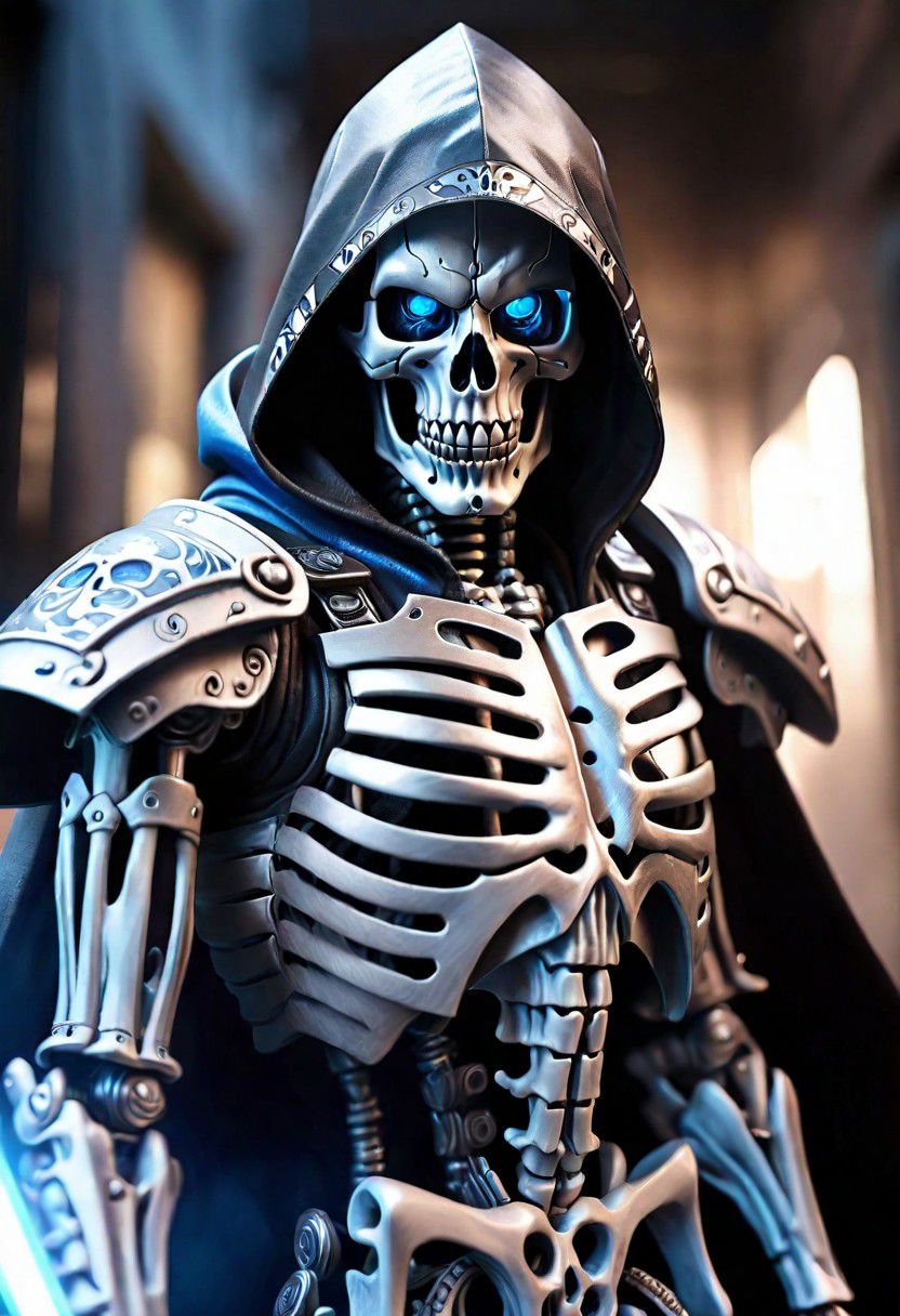 (masterpiece:1.2), best quality, high resolution, perfect lighting, extremely detailed, (Terminator assasin),  battle scared white and black carbon armor,  Wearing a dark cloak with hood, skull face just visable under hood, (very dim light blue eyes, eyes very dim blue glow), (full_armor fitted like a skeleton ribs design), humanoid, Metal Human skull head, (extreme detailed micro mechcanical scary Metal human skull design). Samurai sword shinning silver, Runes decorative embossments over his cloak, slim muscular body fast agile and stealthy, background a dark back street with subtle lighting and shadows, facing viewer, solo, Hired Cyborg Assasin