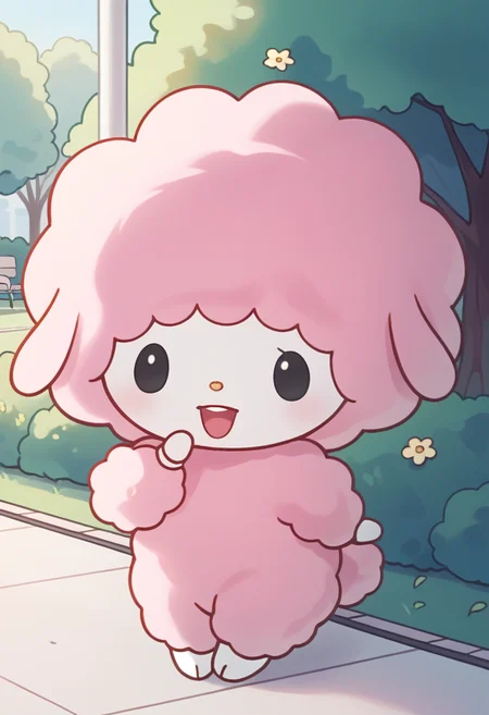 score_9, score_8_up, score_7_up, score_6_up, score_5_up, BREAK
mysweetp, open mouth, smile, dot eyes, furry, chibi, feral, (pink fur), white face, park, black eyes, solo, 1 girl