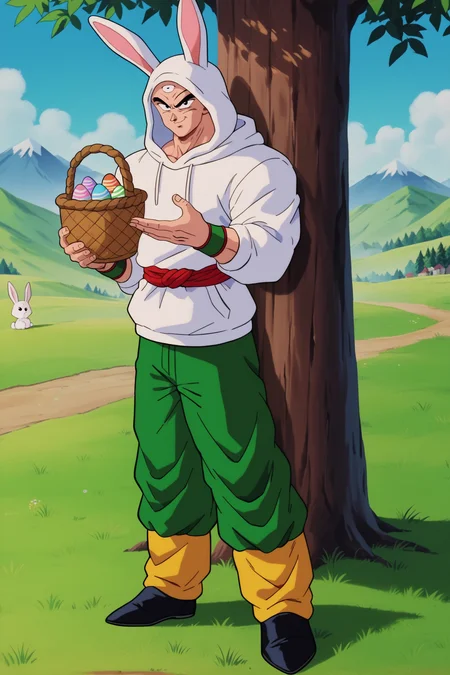 score_9, score_8_up, score_7_up, score_6_up, score_5_up, score_4_up BREAK retro artstyle, tien,solo,against tree,male focus,hood up,animal hood, holding a basket, easter,easter egg, rabbit ears, bald, black eyes, muscular male,white hoodie, white rabbit hoodie,fur,fur hoodie, third eye, red sash, green wristband, standing,green pants, smirk,from side, looking at viewer,closed mouth,yellow leg warmers, black flats,holding rabbit, grass, mountain, house <lora:Tien-000016:1>