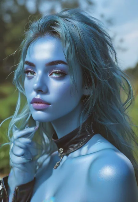 score_9, score_8_up, score_7_up, score_6_up, source_photo, photograph + photo, ultra realistic, lifelike, best quality, uhd, 8k, high resolution, outdoors, epic background + blurry background, 1girl, jodiblue, j0diblu3, ((blue skin)),