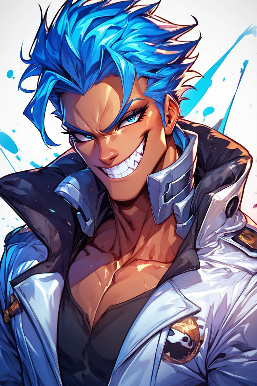 score_9, score_8_up, score_8, medium breasts, (curvy), eyelashes,  solo, looking at viewer, smile, blue eyes, 1boy, white background, blue hair, collarbone, jacket, upper body, male focus, teeth, grin, mask, muscular, white jacket, sharp teeth,   embedding:zPDXL, Expressiveh,  <lora:EnergyCAT:0.8>,  <lora:SDXLFaeTastic2400:0.5>,   <lora:Expressive_H-000001:0.4>,
