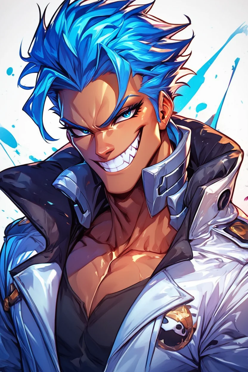 score_9, score_8_up, score_8, medium breasts, (curvy), eyelashes, solo, looking at viewer, smile, blue eyes, 1boy, white background, blue hair, collarbone, jacket, upper body, male focus, teeth, grin, mask, muscular, white jacket, sharp teeth, embedding:zPDXL, Expressiveh, <lora:EnergyCAT:0.8>, <lora:SDXLFaeTastic2400:0.5>, <lora:Expressive_H-000001:0.4>,