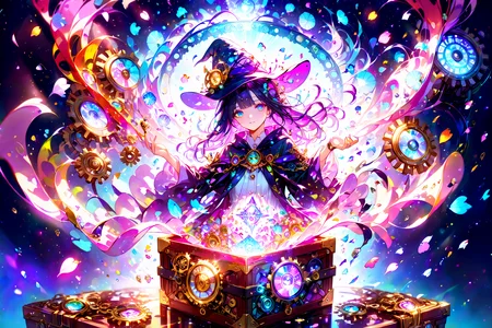 slvt, 1girl, witch hat, wizard, robe, depth of field, light particles, magical effect, Gears, machine boxes, Pandora's box, watch, light particles, petal, Multiple exposure, superimposition style, Neon, [(fractal background:1.2)::0.2], (Double Exposure background:1.2), ultra detailed, (masterpiece, best quality:1.1), best quality, (illustration, incredibly absurdres:1.05), [<lora:detailed_notrigger:1.15>::0.5], [:<lora:detailed_hands:1.05>:0.5],  <lora:Monster_in_a_Box_SDXL:1.05> <lora:Double Exposure style:1.2> <lora:aesthetic_anime_v1s:1.15> <lora:Niji_glitch__neon_aesthetic:1>