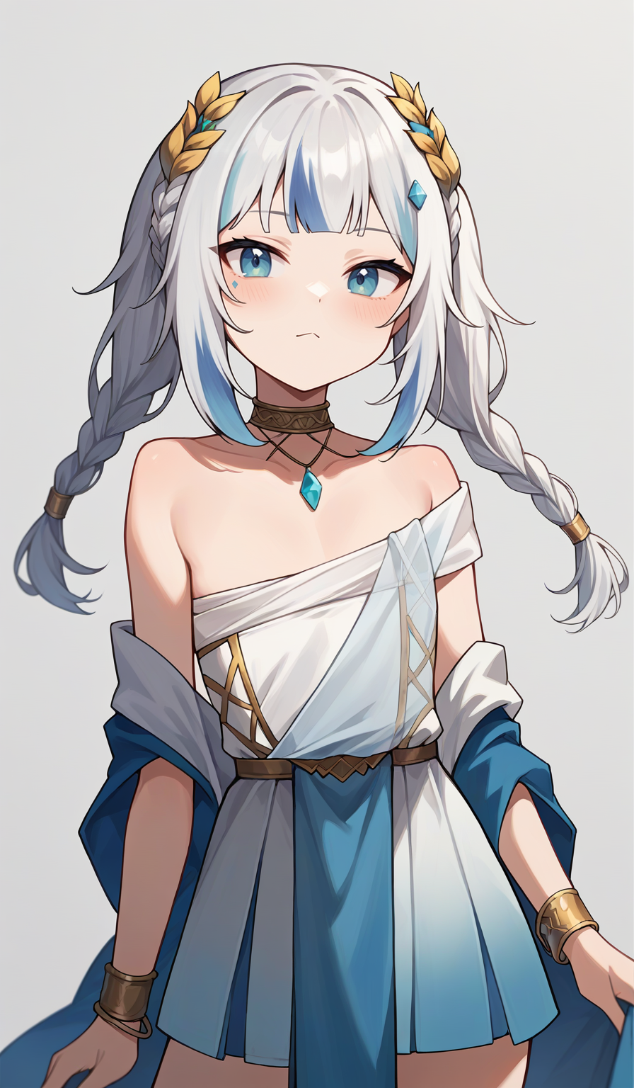 score_9,score_8_up,score_7_up,score_6_up,score_5_up,score_4_up,
1girl, gawr gura, virtual youtuber, twin braids, twintails, laurel crown, short dress, neck ring, bracelet, flat chest, hair ornament, off-shoulder dress, pelvic curtain, ancient greek clothes, himation, 
solo, grey background, simple background, looking at viewer, cowboy shot, 
<lora:guraponyxl6:1>