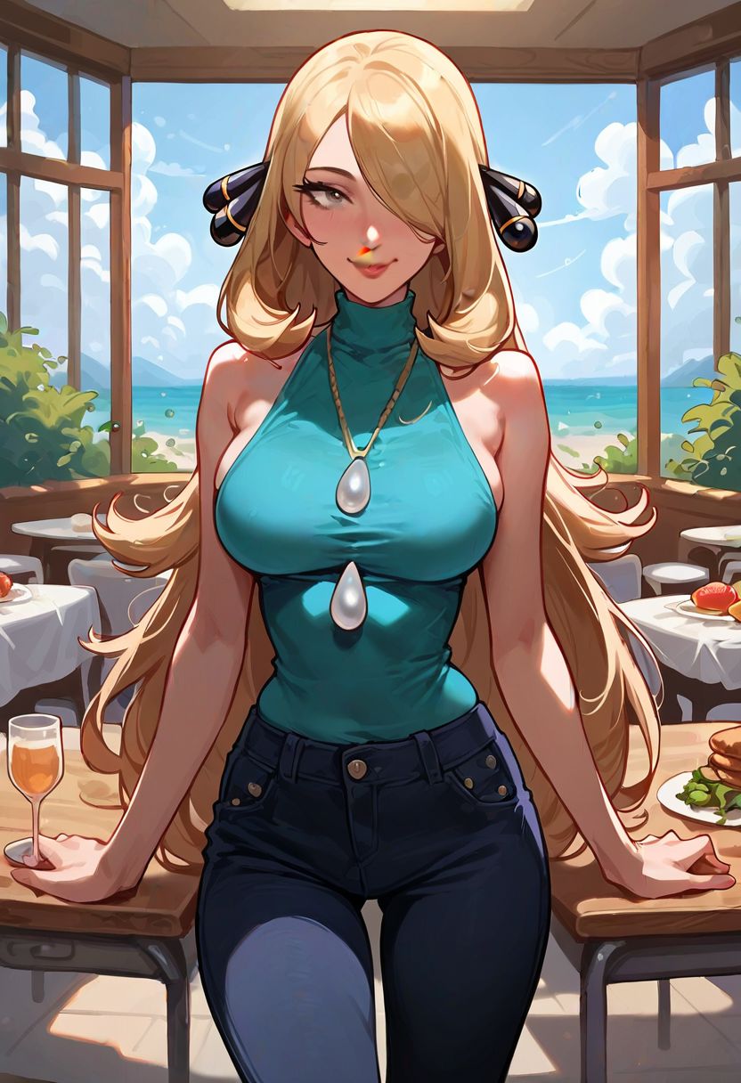cynthia_\(pokemon\), score_9,score_8_up,score_7_up,score_6_up,solo, 1girl, one eye, anime, grey eye, long hair, blonde hair, hair ornaments, cyan sleeveless shirt with a turtle neck, dark pants, standing alone on a cafeteria with a table in front of her, seductive face, pureerosface_v1, day, day time, cafeteria background