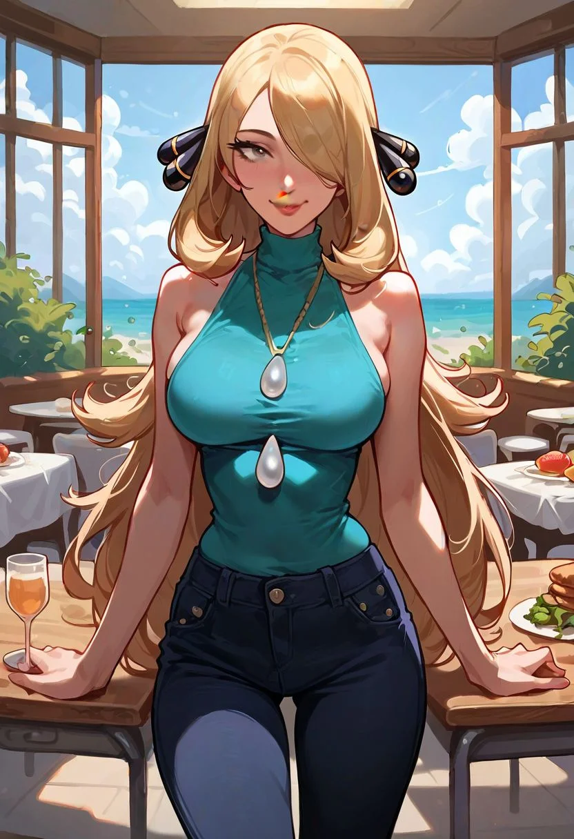 cynthia_\(pokemon\), score_9,score_8_up,score_7_up,score_6_up,solo, 1girl, one eye, anime, grey eye, long hair, blonde hair, hair ornaments, cyan sleeveless shirt with a turtle neck, dark pants, standing alone on a cafeteria with a table in front of her, seductive face, pureerosface_v1, day, day time, cafeteria background