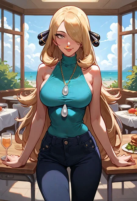 cynthia_\(pokemon\), score_9,score_8_up,score_7_up,score_6_up,solo, 1girl, one eye, anime, grey eye, long hair, blonde hair, hair ornaments, cyan sleeveless shirt with a turtle neck, dark pants, standing alone on a cafeteria with a table in front of her, seductive face, pureerosface_v1, day, day time, cafeteria background
